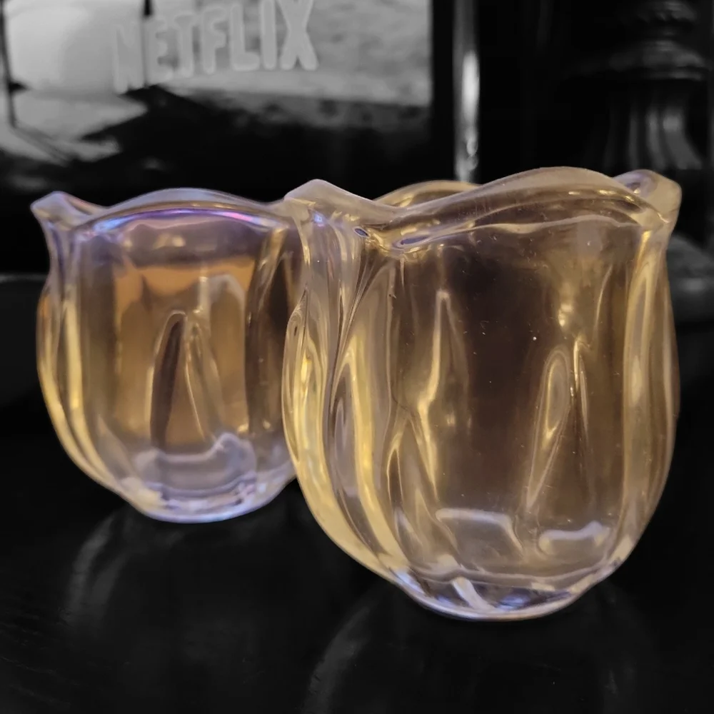 Vintage Tulip Flower Clear Glass Decorative Votive Candle Holders Set of 2